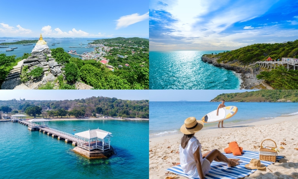 ภาพตัดปะของสี่ฉากชายฝั่งบน เกาะสีชัง: เจดีย์บนยอดเขา, ชายฝั่งหิน, ท่าเรือริมทะเล, และผู้หญิงกับกระดานโต้คลื่นบนหาดทราย—ภาพที่สมบูรณ์แบบจากการผจญภัย เที่ยวเกาะสีชัง.