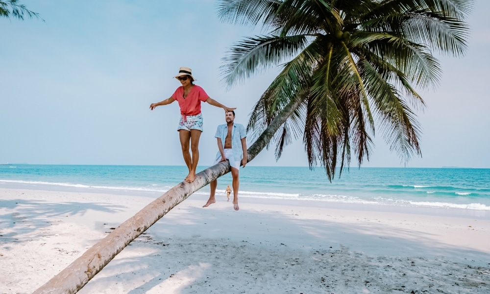สองคนกำลังเพลิดเพลินกับชายหาด ที่เที่ยวชุมพร ; คนหนึ่งกำลังทรงตัวบนต้นมะพร้าวที่เอียง ในขณะที่อีกคนนั่งอยู่บนยอดของมัน โดยมีมหาสมุทรและท้องฟ้าที่แจ่มใสเป็นฉากหลัง.