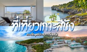 ภาพตัดต่อที่แสดงระเบียงพร้อมวิวทะเล ชายฝั่งหิน หมู่บ้านริมทะเล และทิวทัศน์มหาสมุทร พร้อมข้อความภาษาไทยเกี่ยวกับ ที่เที่ยวเกาะสีชัง และการท่องเที่ยวเกาะสีชัง.