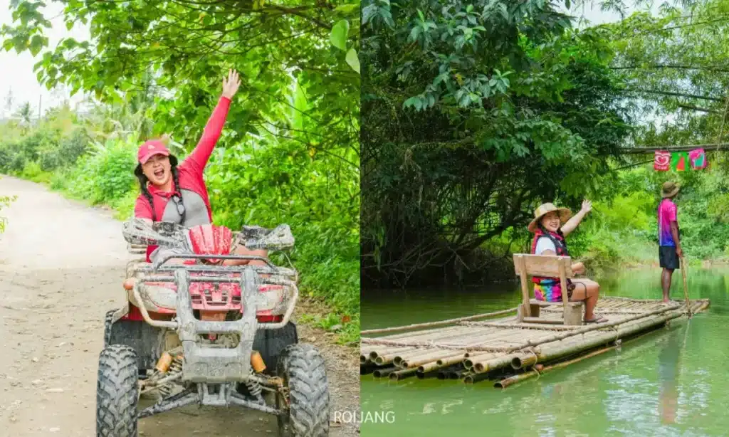 ผู้หญิงคนหนึ่งกำลังเพลิดเพลินกับการผจญภัยที่ซีแลนด์แอดเวนเจอร์ พังงา โดยขี่รถเอทีวีบนเส้นทางดินในภาพหนึ่ง และนั่งอยู่บนแพไม้ไผ่ในแม่น้ำในอีกภาพหนึ่ง โดยยกแขนขึ้นและยิ้มในทั้งสองช่วงเวลา.