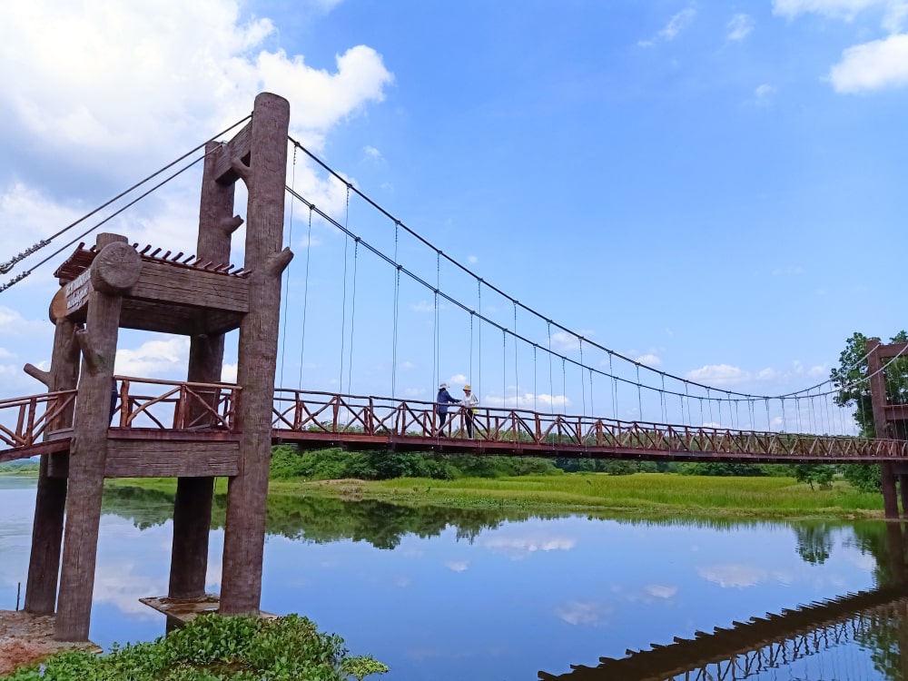 สะพานแขวนไม้ทอดข้ามแม่น้ำที่สงบเงียบ มีคนเดินอยู่ตรงกลาง  ชุมพรที่เที่ยว ท่ามกลางต้นไม้เขียวขจีและท้องฟ้า ที่เที่ยวชุมพร สีครามเป็นฉากหลัง—เหมาะสำหรับผู้ที่กำลังมองหาสถานที่ท่องเที่ยวในชุมพรเพื่อสัมผัสธรรมชาติในบรรยากาศเงียบสงบ.