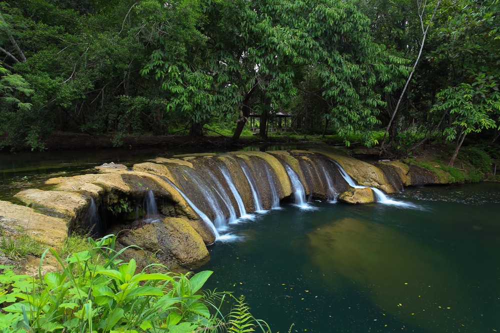 น้ำตกขนาดเล็กที่มีลักษณะโค้งไหลลงมาตามโขดหินสู่แอ่งน้ำที่สงบ ที่เที่ยวชุมพร เงียบ ล้อมรอบด้วยพืชพรรณเขตร้อนสีเขียวชอุ่มหนาแน่น—เป็นอัญมณีที่ซ่อนอยู่ท่ามกลางสถานที่ท่องเที่ยวในชุมพรสำหรับผู้ที่ต้องการค้นพบความงามตามธรรมชาติของภูมิภาคนี้.