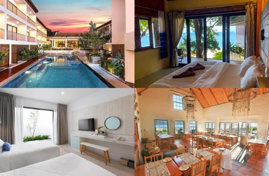 ภาพตัดต่อสี่ภาพแสดงบริเวณสระว่ายน้ำของโรงแรมระนองในยามพระอาทิตย์ตก ห้องนอนพร้อมวิวทะเล ห้องนอนคู่แบบทันสมัย และพื้นที่รับประทานอาหารของร้านอาหารที่มีเฟอร์นิเจอร์ไม้.