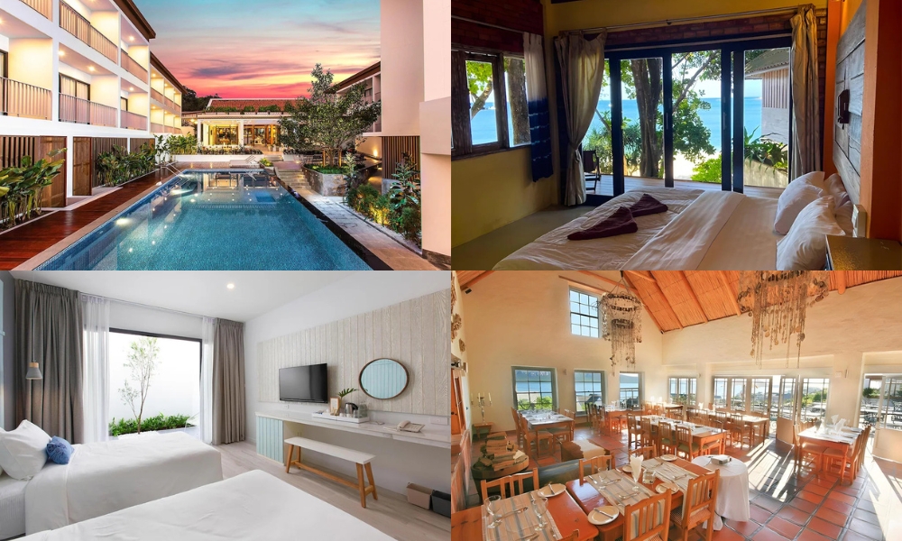 ภาพตัดต่อสี่ภาพแสดงบริเวณสระว่ายน้ำของโรงแรมระนองในยามพระอาทิตย์ตก ห้องนอนพร้อมวิวทะเล ห้องนอนคู่แบบทันสมัย และพื้นที่รับประทานอาหารของร้านอาหารที่มีเฟอร์นิเจอร์ไม้.