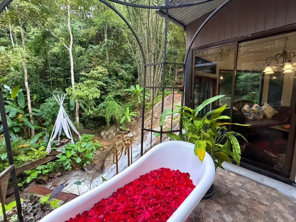 อ่างอาบน้ำกลางแจ้งสีขาวที่เต็มไปด้วยกลีบกุหลาบสีแดงตั้งอยู่บนลานระเบียงข้างบ้าน ล้อมรอบด้วยพืชพรรณเขียวชอุ่มและโครงสร้างเต็นท์ทรงกรวยเล็ก ๆ—ภาพที่ชวนให้หลงใหลที่รีสอร์ทเชียงใหม่ เหมาะสำหรับการผ่อนคลาย.