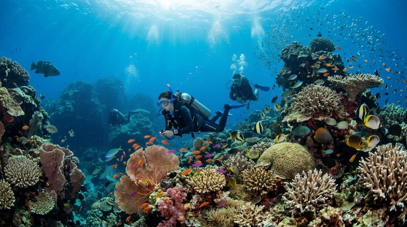 นักดำน้ำสามคนกำลังสำรวจแนวปะการังที่มีชีวิตชีวา ล้อมรอบด้วยปลาหลากสีและปะการังหลากหลายชนิด ใต้ผืนน้ำสีฟ้าใสที่แสงแดดส่องผ่านลงมา.